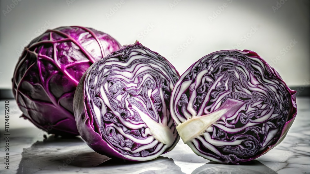 Sliced red cabbage, half revealed, against a pure white background. Stunning food image. Sliced red cabbage, half revealed, against a pure white background. Stunning food image.