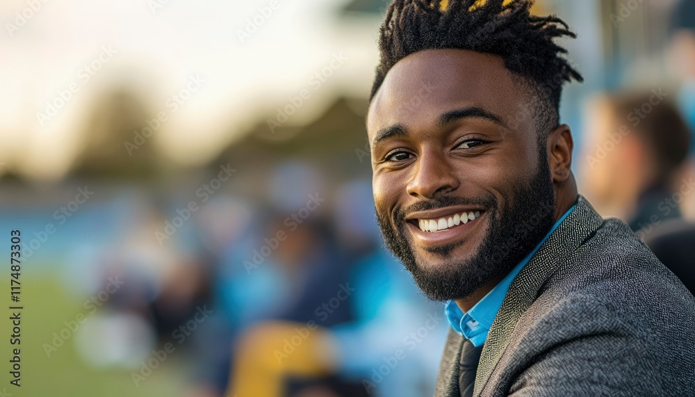 Naklejka premium Smiling Man with Dreads in a Sporty Jacket