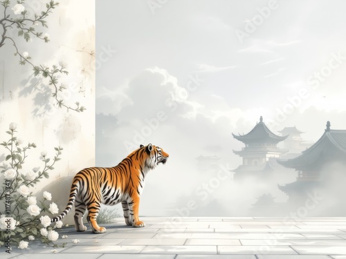 Majestic tiger observing oriental landscape with pagodas in the mist photo