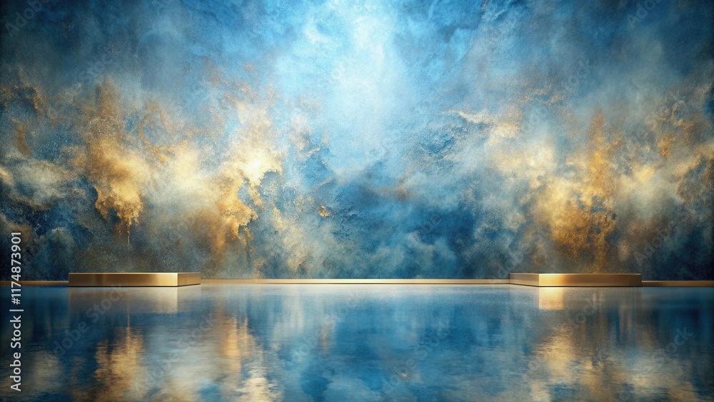 Obraz premium Reflective Floor with Golden Platforms and a Blue and Gold Abstract Wall