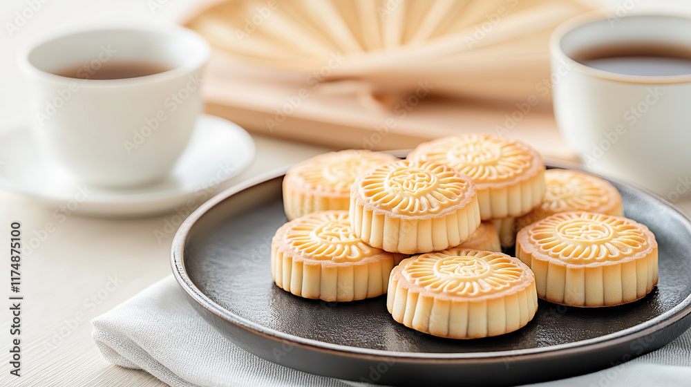 Traditional mooncakes and tea set on elegant white table. Traditional mooncakes and tea set on elegant white table.