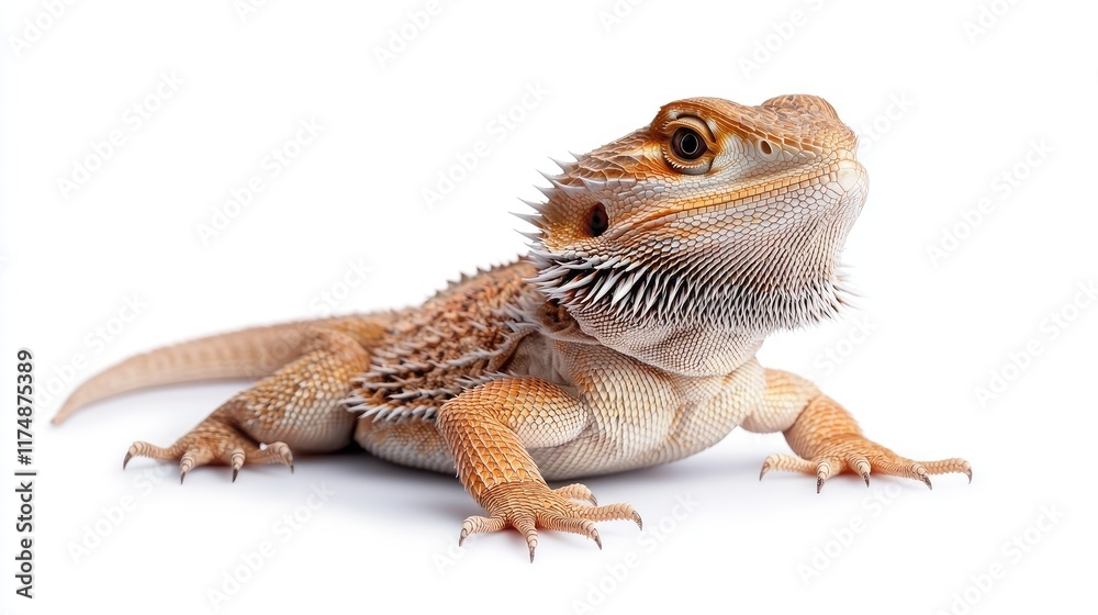 Fototapeta premium Captivating bearded dragon lizard studio setting animal photography bright background close-up view reptile care