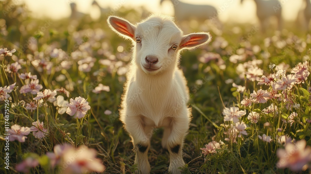 A playful white goat kid standing amidst blooming flowers in a tranquil pasture. A playful white goat kid standing amidst blooming flowers in a tranquil pasture.