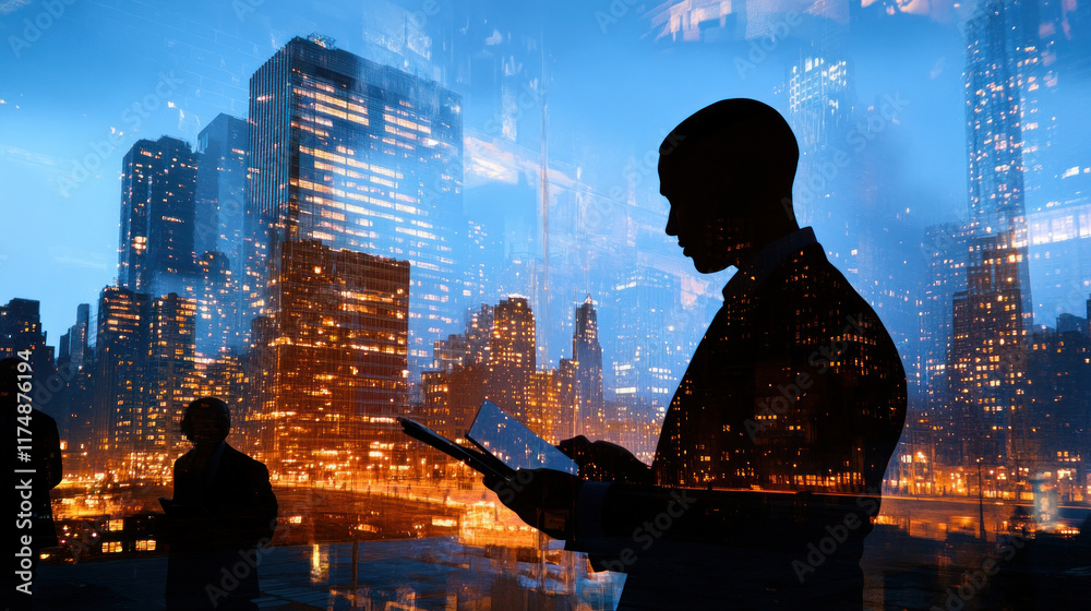Fototapeta premium business people in an office, with a double exposure of a cityscape at night