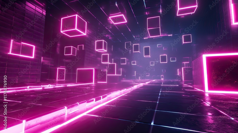 D abstract representation of digital connections, neon networks, and futuristic glowing shapes floating in space. D abstract representation of digital connections, neon networks, and futuristic glowing shapes floating in space.