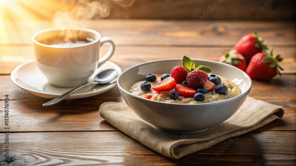 A delightful breakfast scene featuring a warm bowl of creamy porridge topped with fresh berries and a steaming cup of tea on a rustic wooden table A delightful breakfast scene featuring a warm bowl of creamy porridge topped with fresh berries and a steaming cup of tea on a rustic wooden table