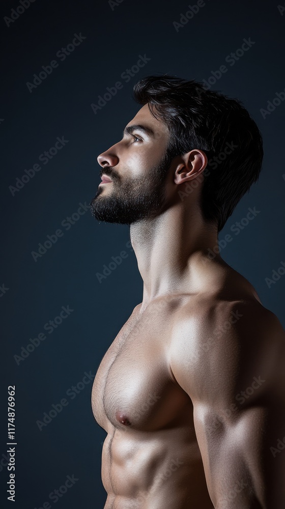 A fit man with a well-defined physique stands confidently in profile, set against a dark background, showcasing his toned muscles. A fit man with a well-defined physique stands confidently in profile, set against a dark background, showcasing his toned muscles.