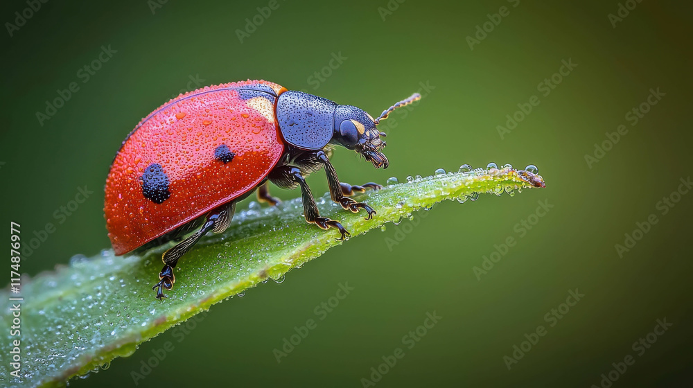 Fototapeta premium Vivid Close-Up Macro Photograph of a Colorful Ladybug on Green Leaf