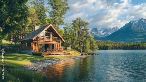 A lakeside cabin with mountain views. photo