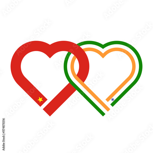 heart shaped ribbon of vietnam and india flags intertwined. vector illustration isolated on white background