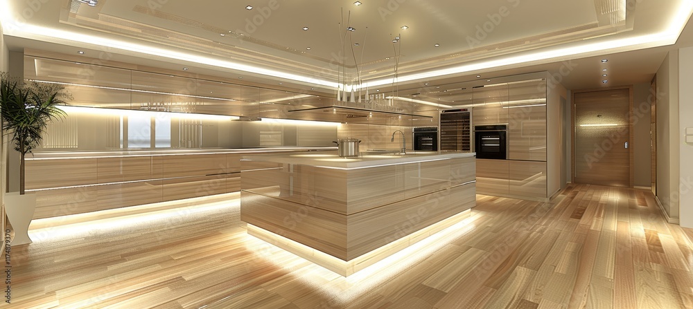 Obraz premium A spacious modern kitchen featuring a sleek island with integrated appliances, glass cabinets, elegant lighting, and wood accents in an open plan layout, blending style and functionality.