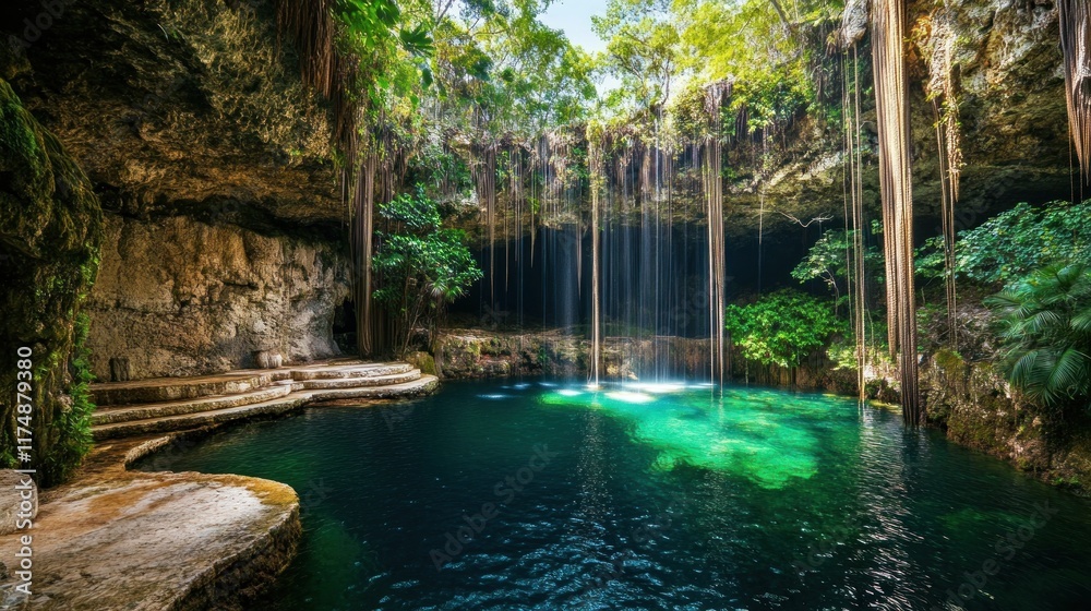 Naklejka premium Hidden Cenote with Emerald Water and Cascading Waterfall