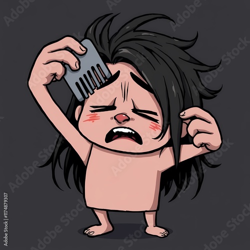 Cavekid's Bad Hair Day: A cartoon illustration of a caveman struggling to comb his long, tangled hair, depicting humorous frustration and relatable struggles with hair care. photo