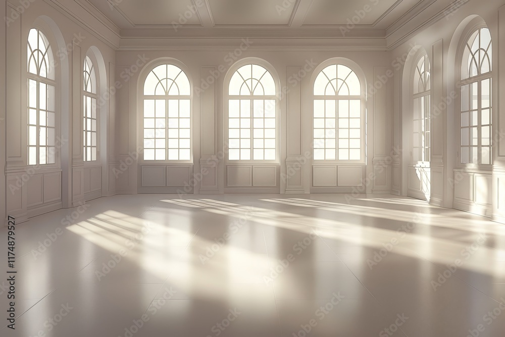 Fototapeta premium A clean, empty white room with large windows letting in abundant natural light, creating a bright and serene atmosphere with soft shadows on the glossy floor.