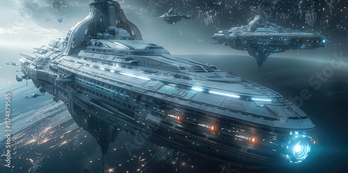 Fototapeta Naklejka Na Ścianę i Meble -  A futuristic space station where massive spaceships are build. The spaceship is not yet finished but is a futuristic battleship with a sleek, matte gray hull and sharp, robust lines.