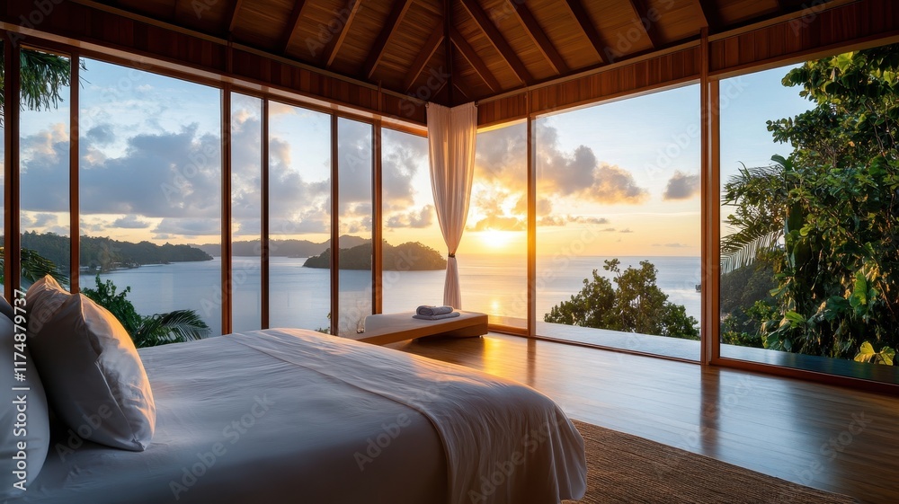 Fototapeta premium A luxurious villa with floor-to-ceiling windows offers breathtaking views and exquisite modern living.