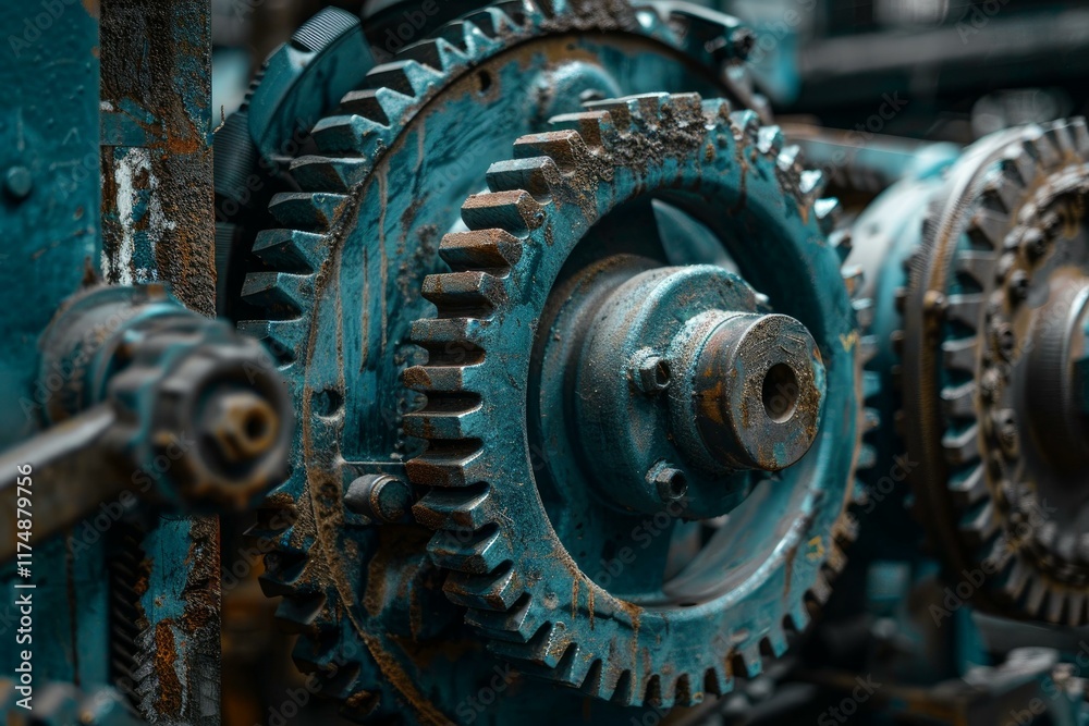 Close up view of old industrial machine with rusty gears operating in a factory Close up view of old industrial machine with rusty gears operating in a factory