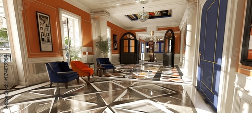 A stylish living room featuring vibrant orange and blue armchairs, a geometric patterned floor, bold decor, a blue accent wall, and modern lighting. A blend of retro and contemporary design.