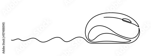 Computer optical mouse tool one line art,hand drawn input office device,idea laptop internet work drawing continuous contour.Online earning concept,minimalistic art drawing.Isolated.Editable stroke.