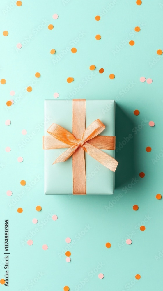 A neatly wrapped gift box with a gold ribbon is placed on a turquoise background, surrounded by scattered colorful confetti.