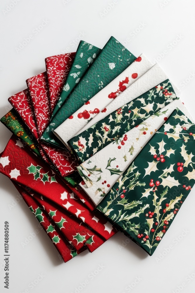 Fototapeta premium Colorful Christmas-themed napkins featuring holly and festive patterns, perfect for holiday gatherings.