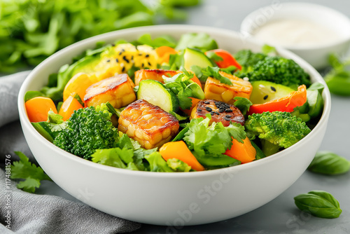 Colorful vegan salad with grilled tempeh and fresh vegetables in a white bowl.