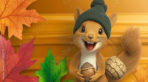 Smiling Critters. A cheerful cartoon squirrel wearing a tiny hat, holding an acorn, surrounded by colorful autumn leaves, with a big smile on its face. photo