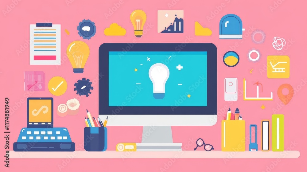 Desktop Computer Displaying a Bright Idea Surrounded by Business Icons Desktop Computer Displaying a Bright Idea Surrounded by Business Icons