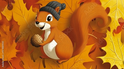 Smiling Critters. A cheerful cartoon squirrel wearing a tiny hat, holding an acorn, surrounded by colorful autumn leaves, with a big smile on its face. photo