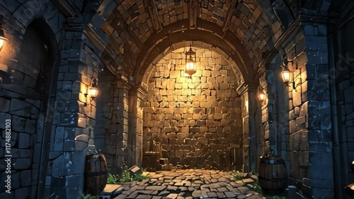 Video footage of dimly lit stone dungeon corridor with arched ceilings, illuminated by wall mounted torches, and barrels on either side, creating a medieval atmosphere