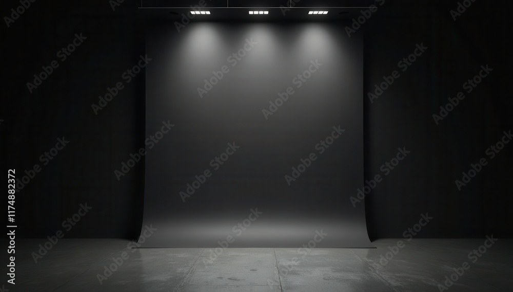 A minimalist black studio room with focused lighting creates a dramatic and sophisticated setting. A minimalist black studio room with focused lighting creates a dramatic and sophisticated setting.