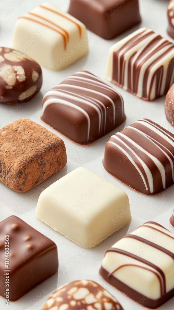 A delectable assortment of gourmet chocolates, featuring a variety of flavors and decorative designs, presented on a light surface. A delectable assortment of gourmet chocolates, featuring a variety of flavors and decorative designs, presented on a light surface.
