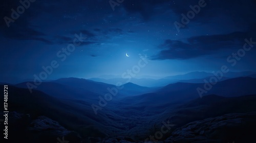 Dark blue mountain range at night under a crescent moon. Ideal for desktop backgrounds or nature-themed projects.