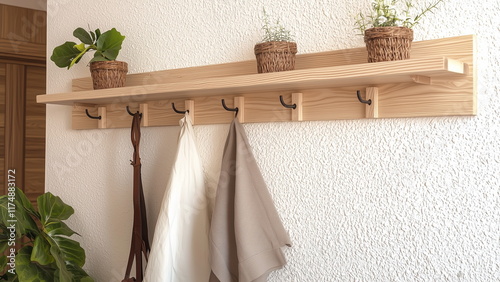 Light brown wooden wall hanger or hook installed on the rough texture white wall, aesthetic minimalist muji design