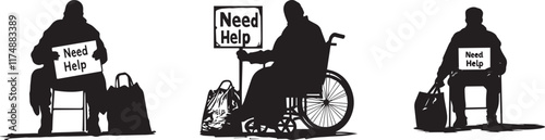 Silhouette of a beggar holding a sign that reads "Need Help" in one hand, beggar outline vector silhouette icon