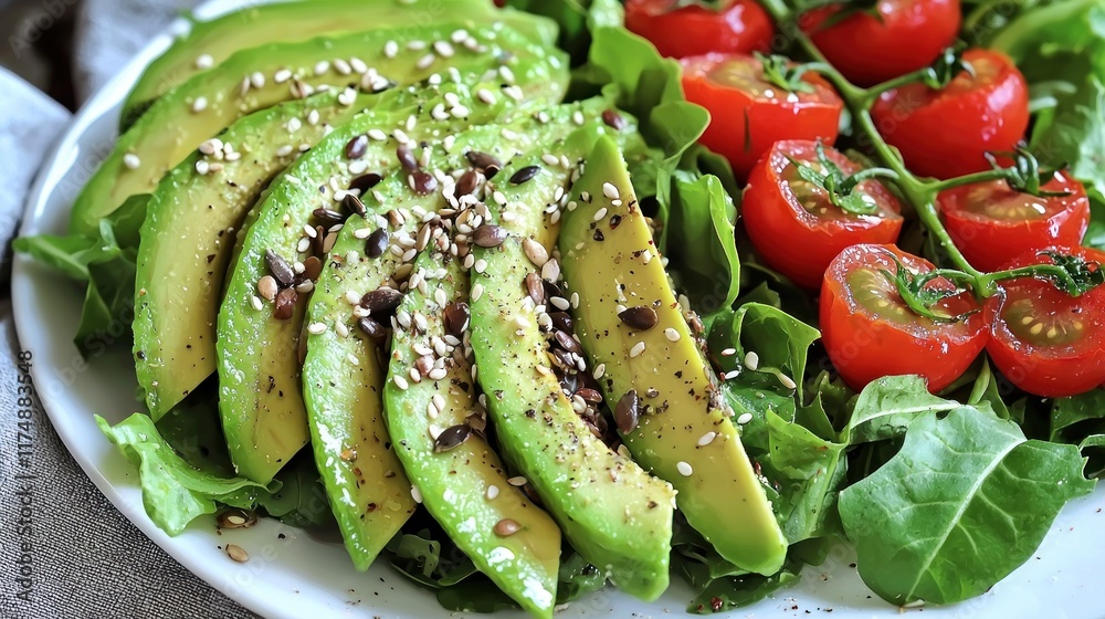 Fresh salad with avocado slices and cherry tomatoes on greens. Fresh salad with avocado slices and cherry tomatoes on greens.