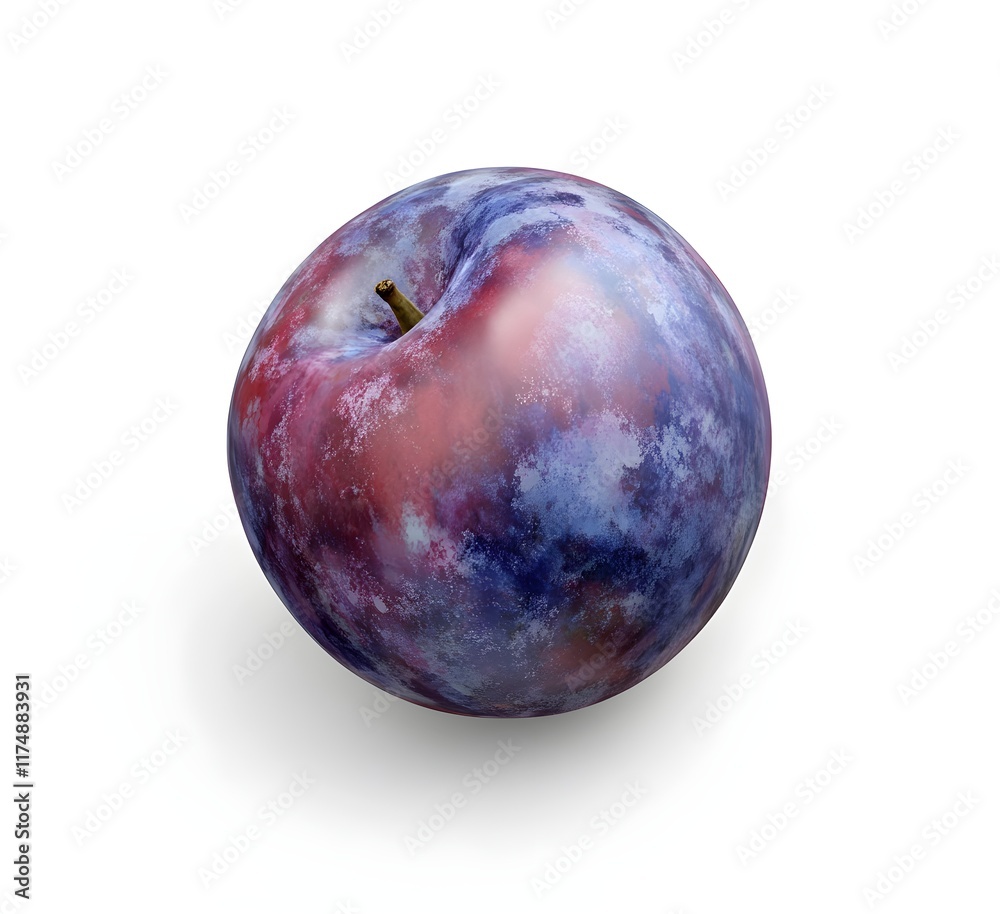Fototapeta premium A realistic photograph of an entire purple plum, isolated on a white background with no shadows. The fruit is smooth and shiny, with dark blue to violet hues, and visible skin details like texture 