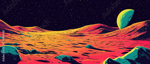 Colorful cartoon illustration of a cratered moon surface at night photo