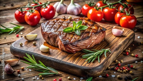 Juicy Steak, Tomatoes & Fresh Herbs on Rustic Wooden Board - Stock Photo