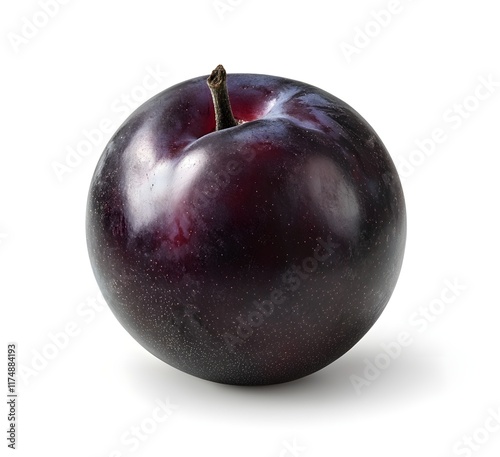 A realistic photograph of an entire purple plum, isolated on a white background with no shadows. The fruit is smooth and shiny, with dark blue to violet hues, and visible skin details like texture  photo