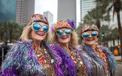 Three smiling senior women in vibrant Mardi Gras costumes and sunglasses. photo