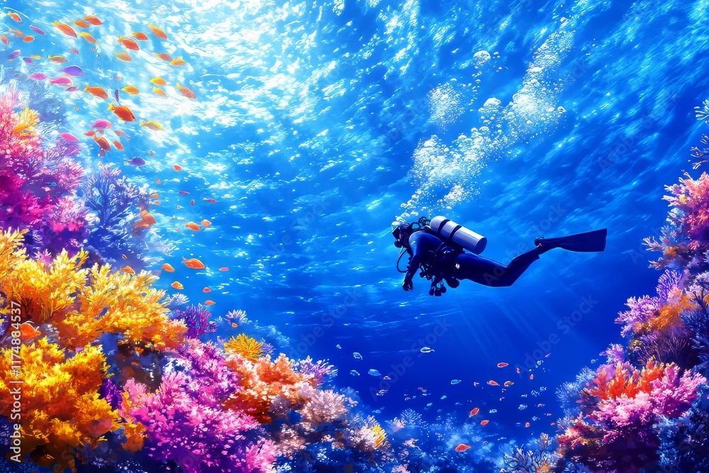 A scuba diver exploring a vibrant coral reef teeming with colorful fish. Generative AI A scuba diver exploring a vibrant coral reef teeming with colorful fish. Generative AI