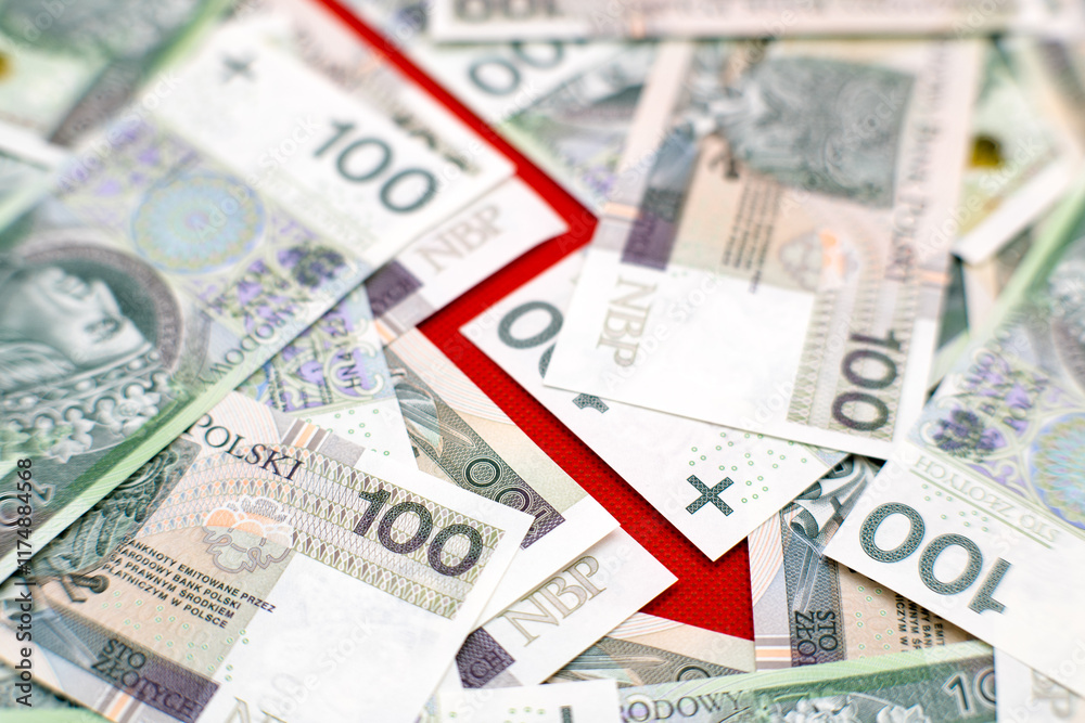 Graph of depreciation. Red graph, Polish cash banknotes, one hundred zloty. Economics and business.
Graph of depreciation. Red graph, Polish cash banknotes, one hundred zloty. Economics and business.