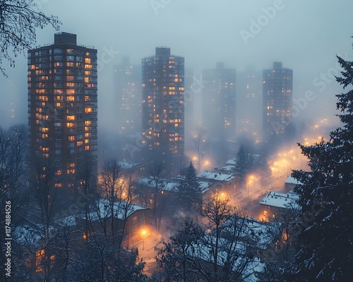 Mysterious Skyline Emerging from Foggy City Morning photo