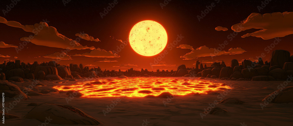 Glowing lava landscape on a volcanic moon under a bright orange sun Glowing lava landscape on a volcanic moon under a bright orange sun