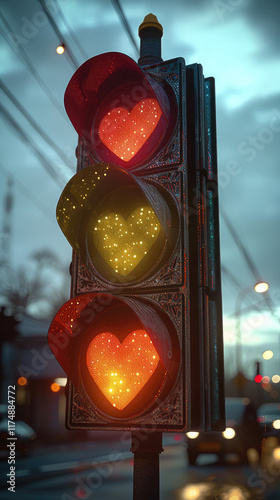 A traffic light with heart-shaped lights, featuring the highest light is red, the middle light is yellow and the lowest light is green colors, with sparkles, hearts, and a dreamy pastel color palette.