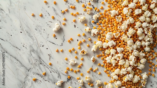 Popped and Unpopped Kernels on Marble Surface for Culinary and Ingredient Campaigns
