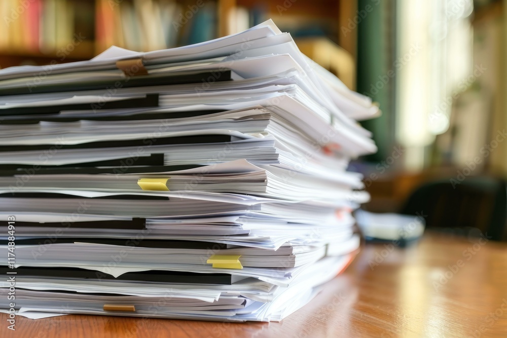Stack of documents piling up on a desk in an office, concept of excessive workload Stack of documents piling up on a desk in an office, concept of excessive workload