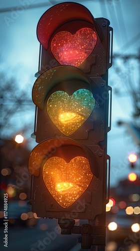 A traffic light with heart-shaped lights, featuring the highest light is red, the middle light is yellow and the lowest light is green colors, with sparkles, hearts, and a dreamy pastel color palette.