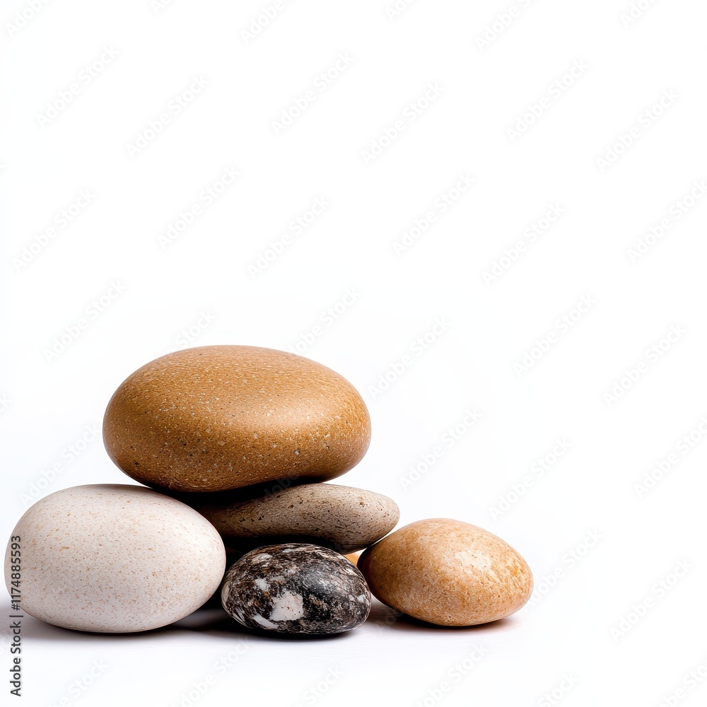 Perfectly Rounded Pebbles with Soft Earthy Tones on White Background Perfectly Rounded Pebbles with Soft Earthy Tones on White Background